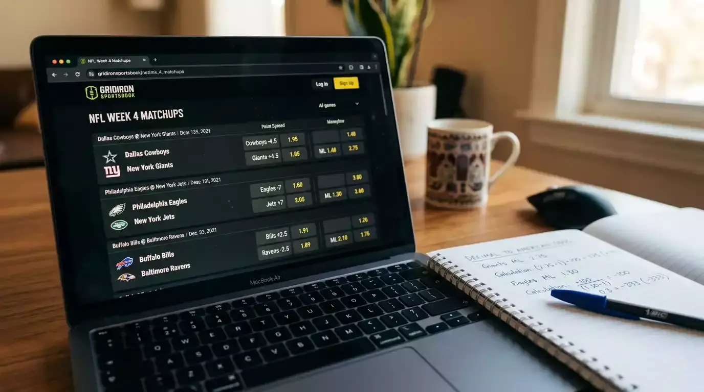 NFL odds format conversion guide showing decimal, fractional, and American odds side by side on a Bitcoin sportsbook