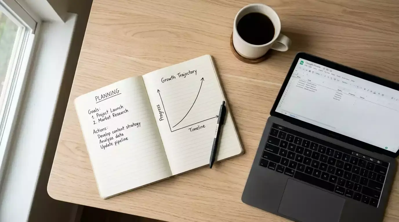 Notebook with a season betting plan next to a laptop showing a simple line chart of bankroll tracking