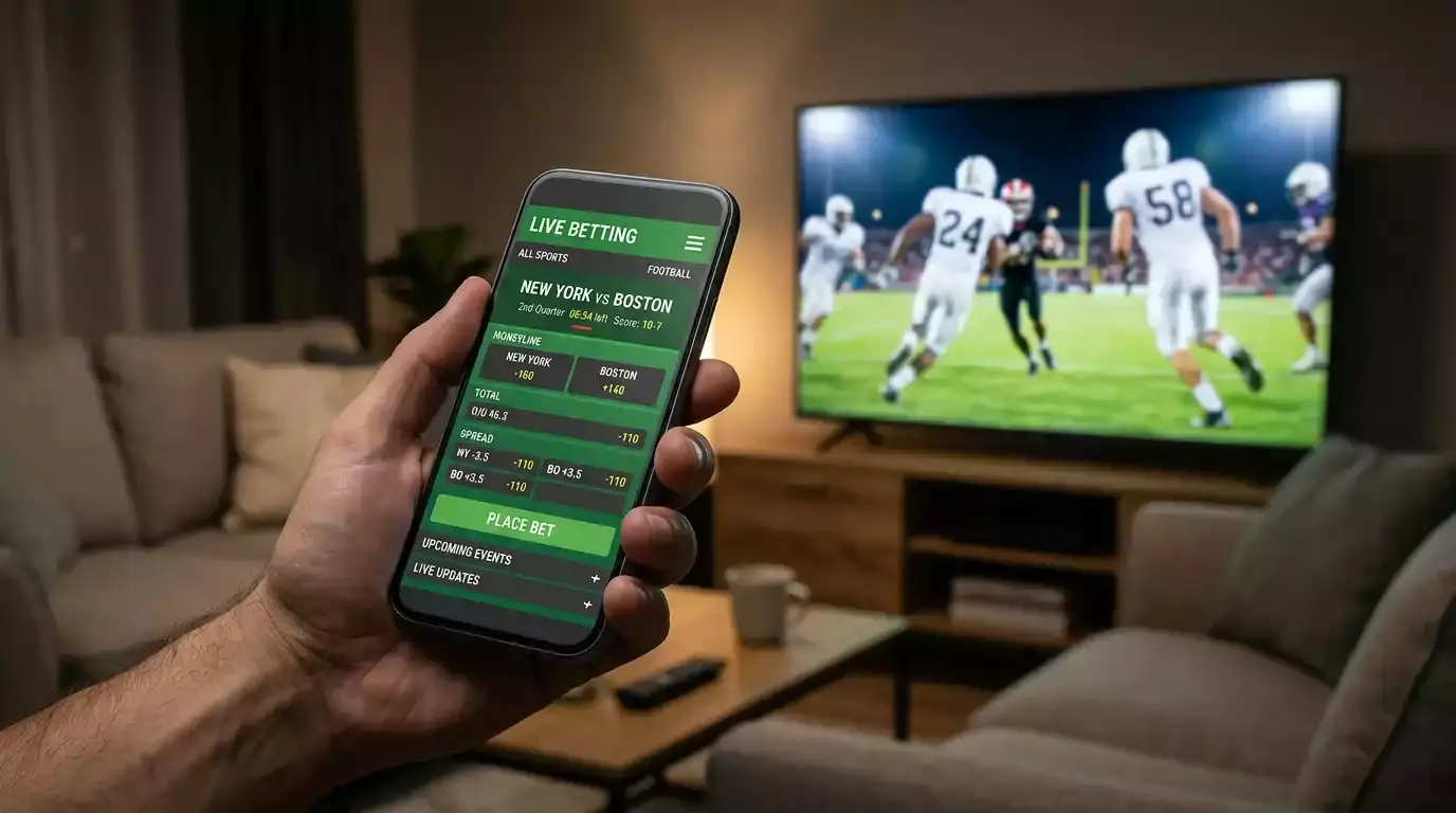Mobile crypto NFL betting interface showing progressive web app, browser sportsbook, and wallet connection on smartphone