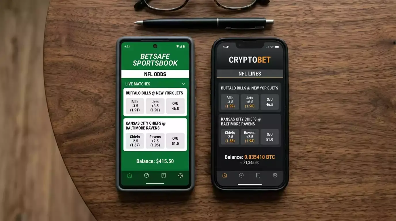 Side-by-side comparison of crypto and fiat NFL betting showing speed, fees, limits, and regulatory differences