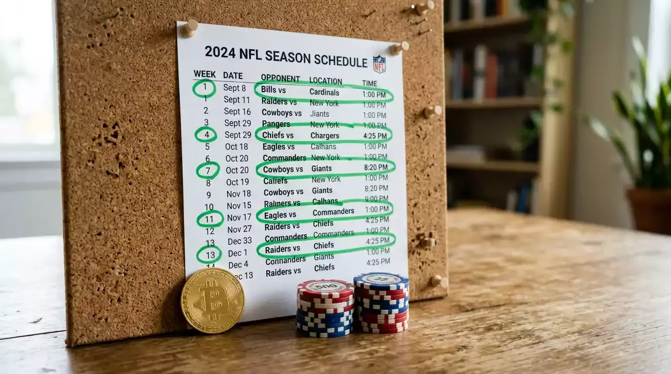 NFL futures betting timeline showing optimal timing for Super Bowl, MVP, and division winner bets on crypto sportsbooks