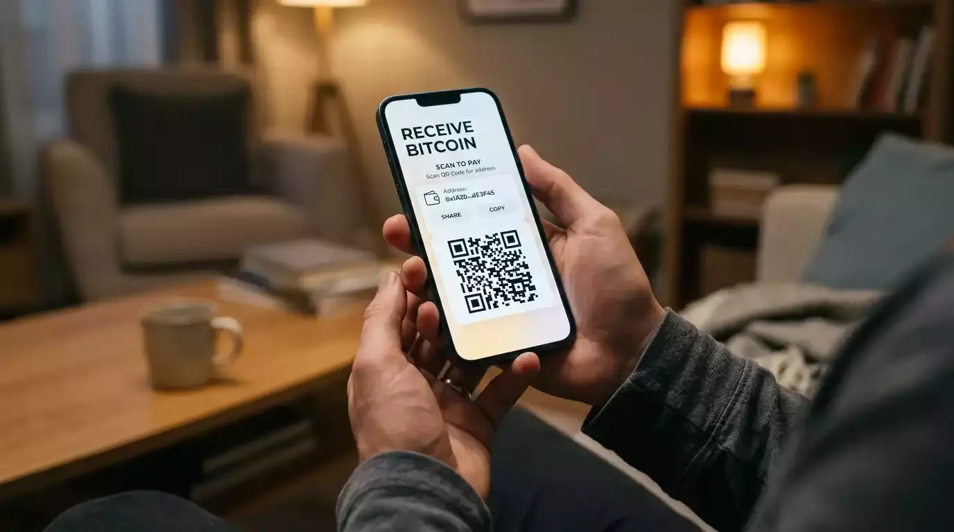 Smartphone displaying a crypto wallet app with a QR code for depositing funds at an NFL sportsbook
