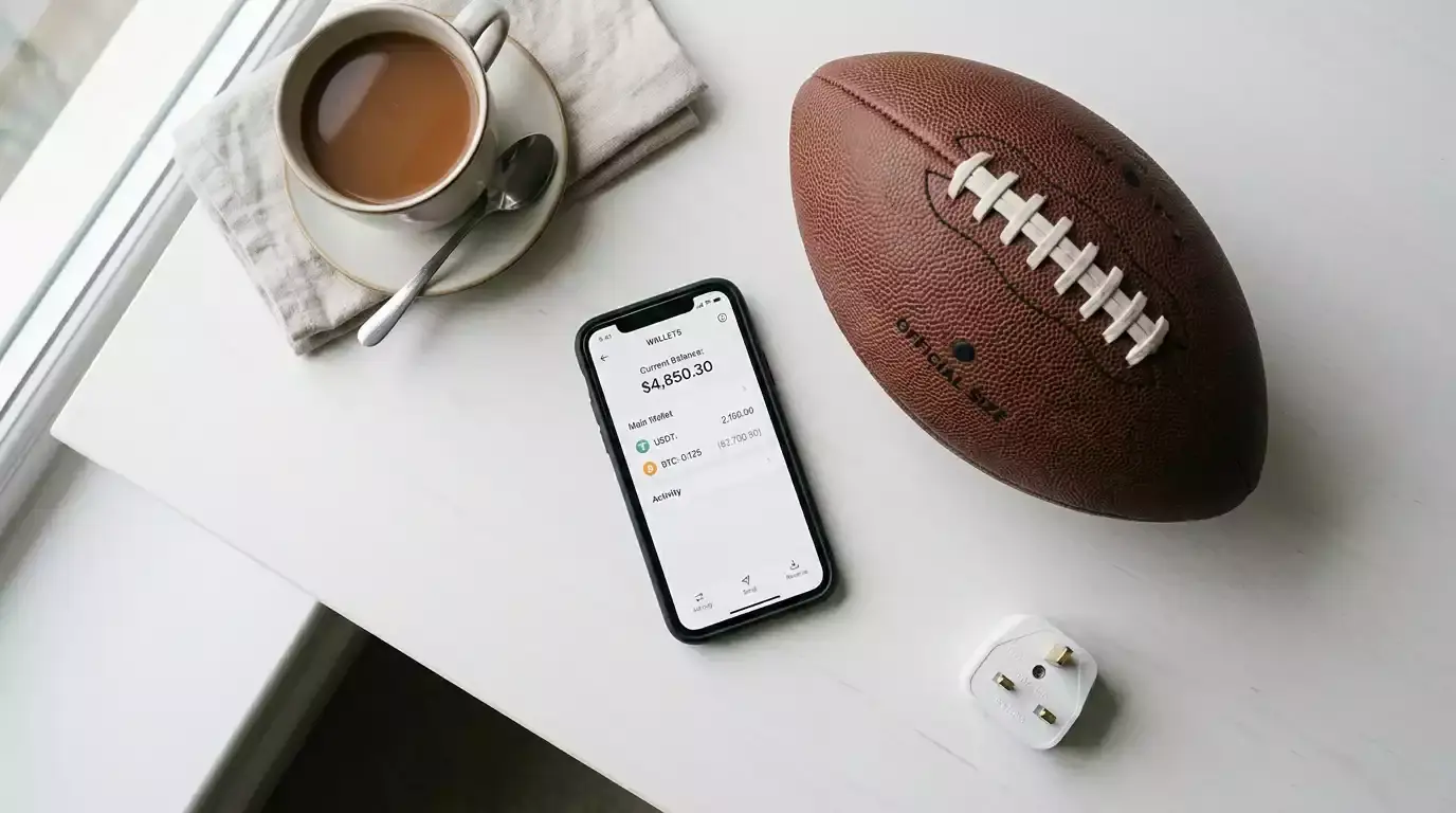 Step-by-step cryptocurrency NFL betting process showing wallet setup, exchange purchase, and sportsbook deposit for UK bettors
