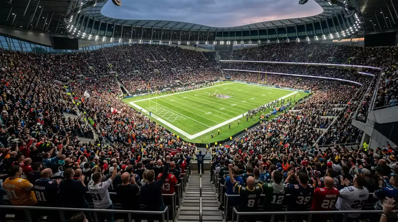 Packed stadium during an NFL London Game at Tottenham Hotspur Stadium with British and American football fans