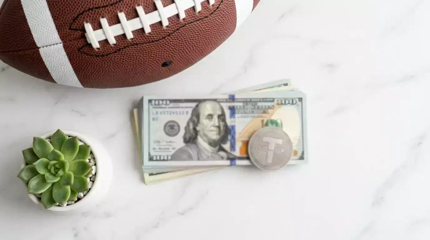 Stablecoin sports betting for NFL showing USDT dollar peg and American football