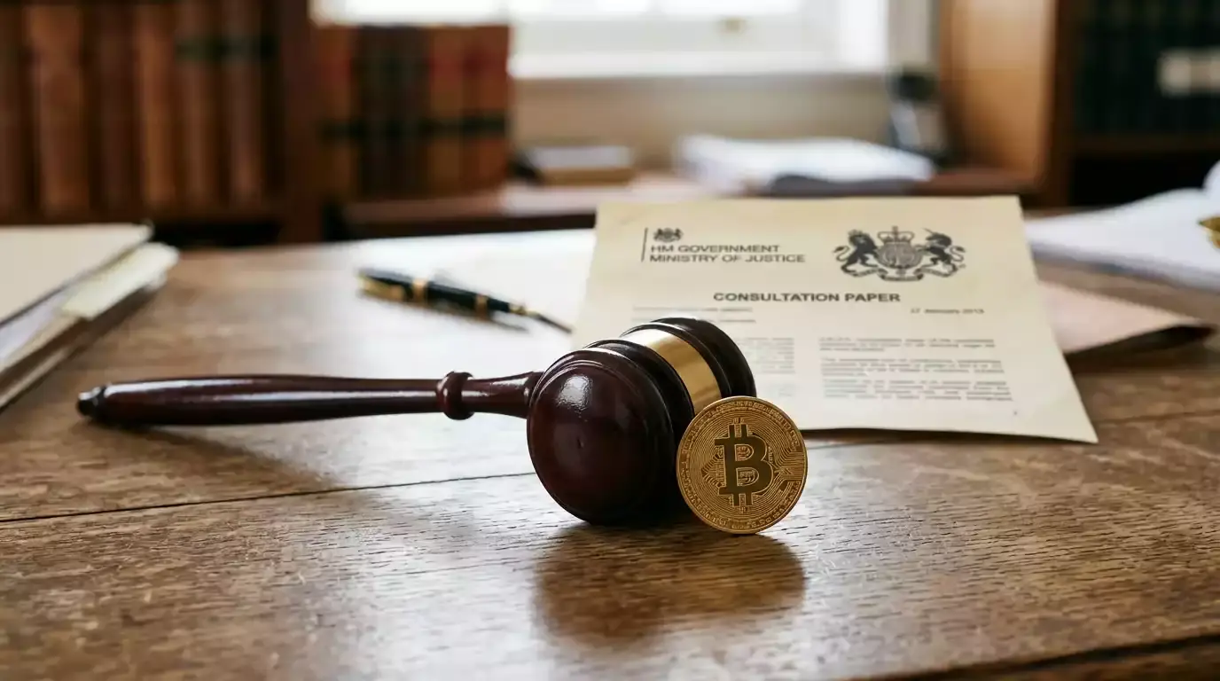 UK Gambling Commission building with blockchain network overlay representing crypto betting regulation changes in 2026